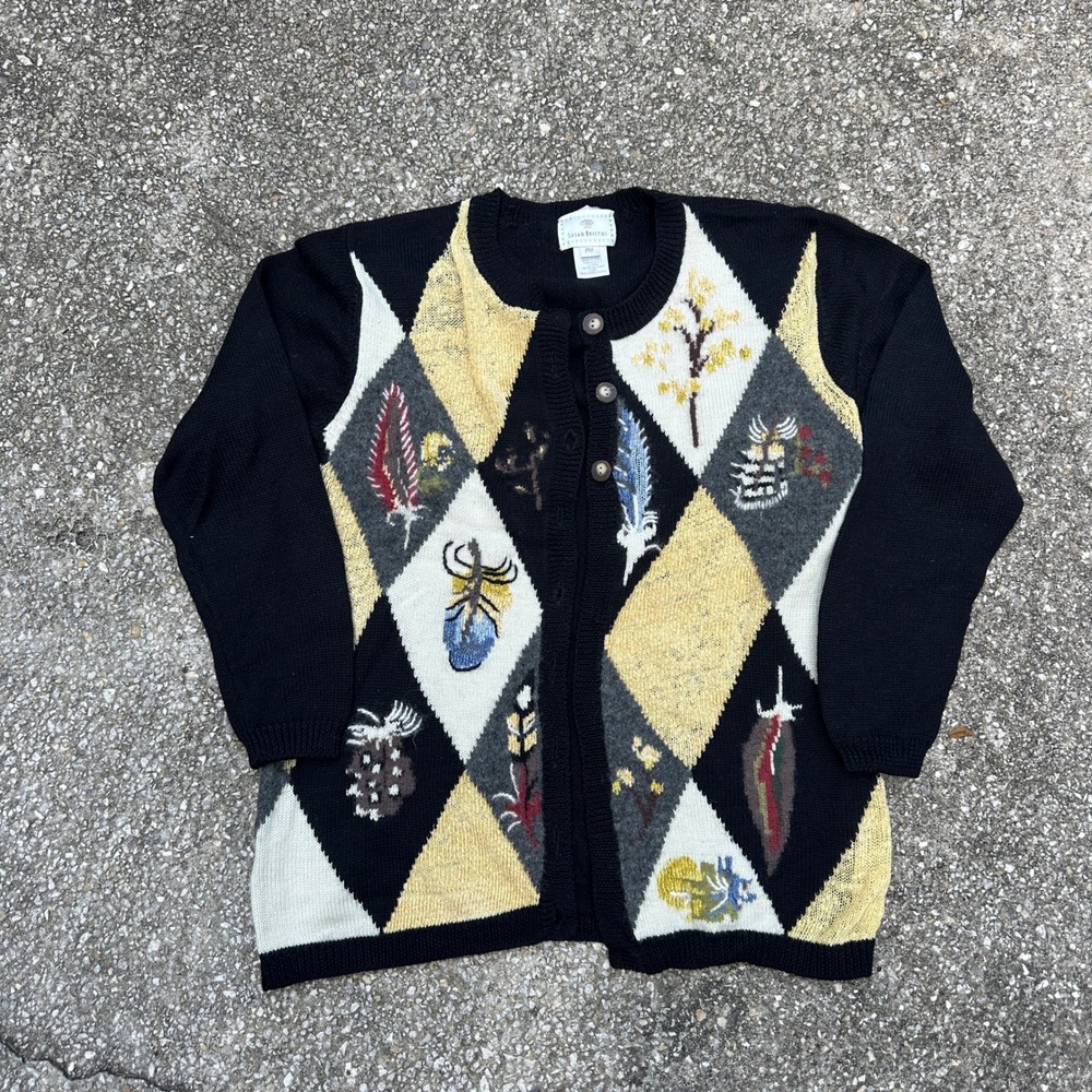 Vintage 1997 Susan Bristol Hand Embroidered Argyle Cardigan Sweater Black PM
